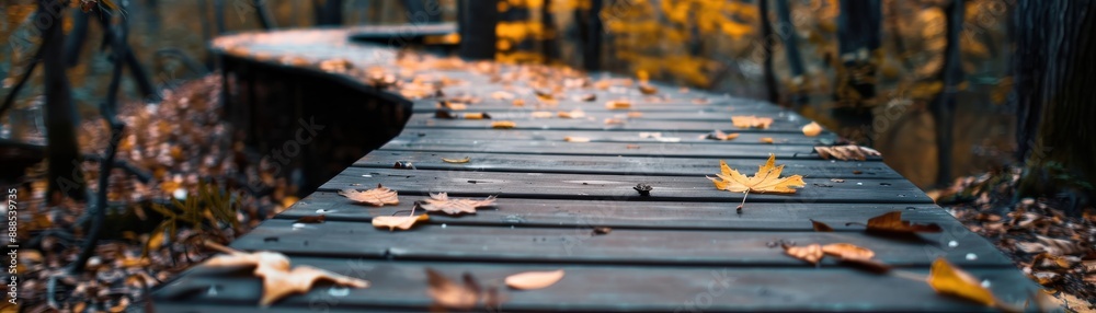 Scenic wooden boardwalk through a forest in autumn, with fallen leaves adding vibrant colors to the serene pathway. Scenic wooden boardwalk through a forest in autumn, with fallen leaves adding vibrant colors to the serene pathway.