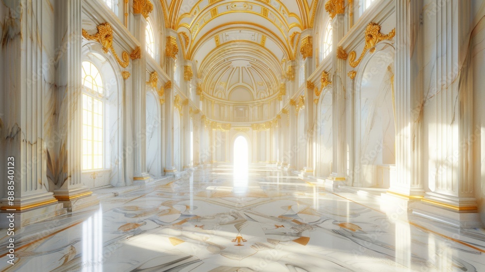 Fototapeta premium Realistic fantasy fantasy gold-white marble palace interior photography. Golden Palace. Inside the castle. Fictional backdrop. concept art