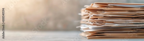 Stack of documents on a desk with a blurred background, representing business paperwork, administration, and office work.