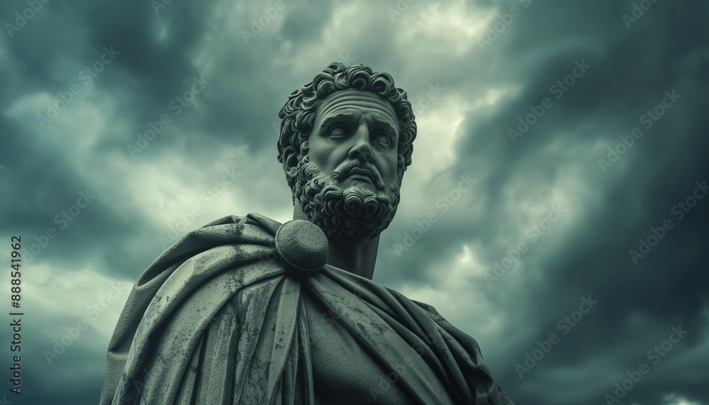 Fototapeta premium Cena cinematográfica da estátua do filósofo estoico Marco Aurélio em frente a um templo romano antigo com nuvens tempestuosas ao fundo IA Generativa