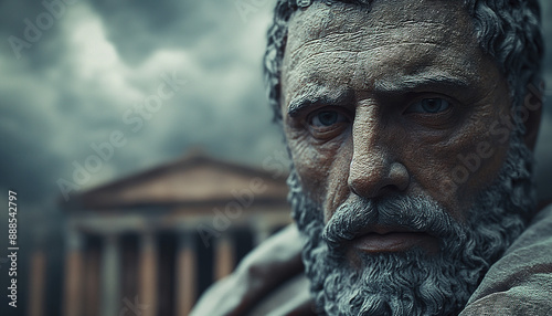 Cena cinematográfica da estátua do filósofo estoico Marco Aurélio em frente a um templo romano antigo com nuvens tempestuosas ao fundo IA Generativa