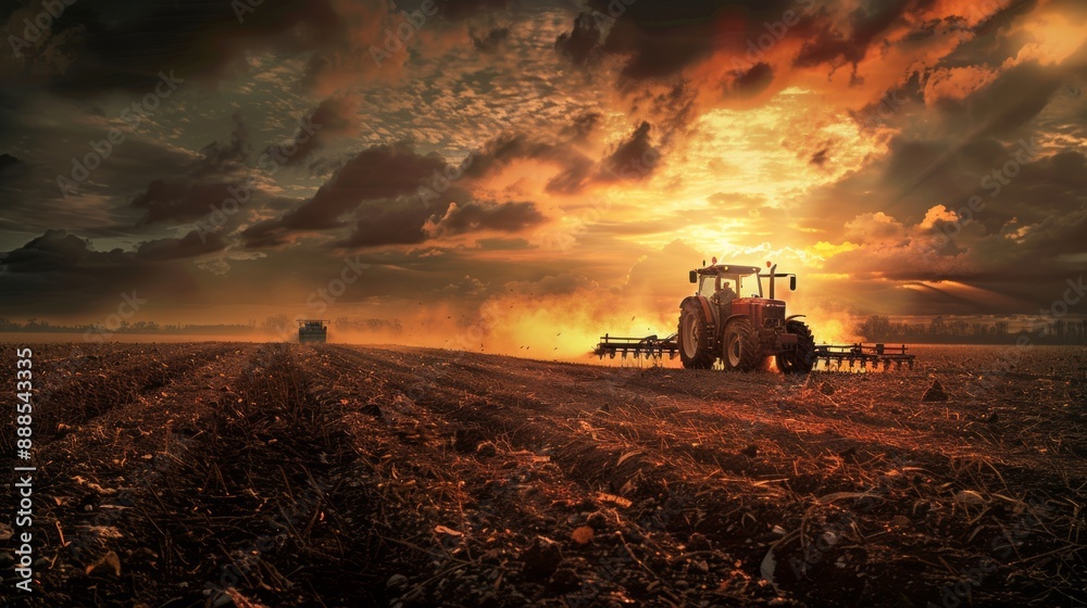 Fototapeta premium Photo of an agricultural worker with a tractor Plowing fields with a tractor at sunset