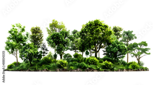 Forest landscape with tall green trees and shrubs. Isolated on a transparent background.