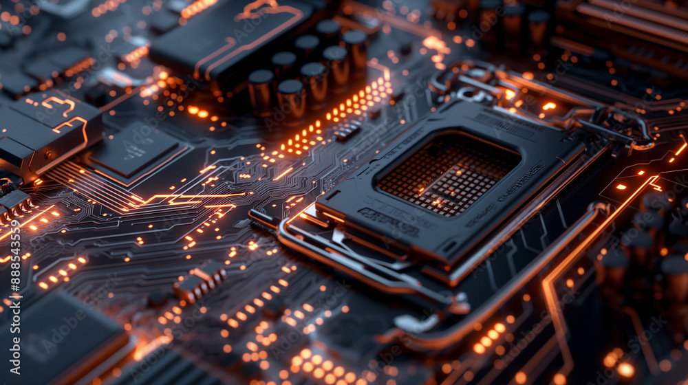 Close-up of a motherboard, showcasing intricate electronic circuitry and technology advancement Close-up of a motherboard, showcasing intricate electronic circuitry and technology advancement