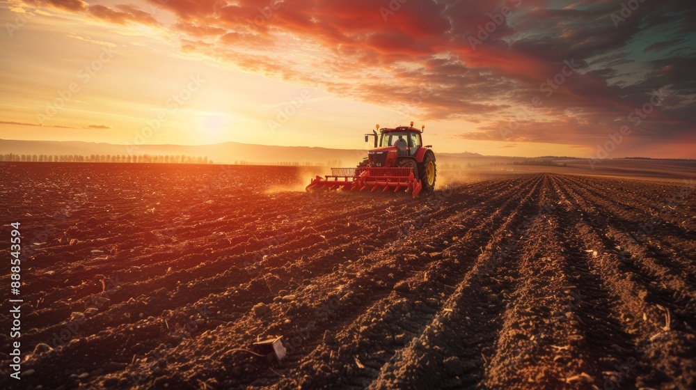 Photo of an agricultural worker with a tractor Plowing fields with a tractor at sunset Photo of an agricultural worker with a tractor Plowing fields with a tractor at sunset