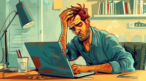 person with frustrated expression, looking at his laptop generative ai