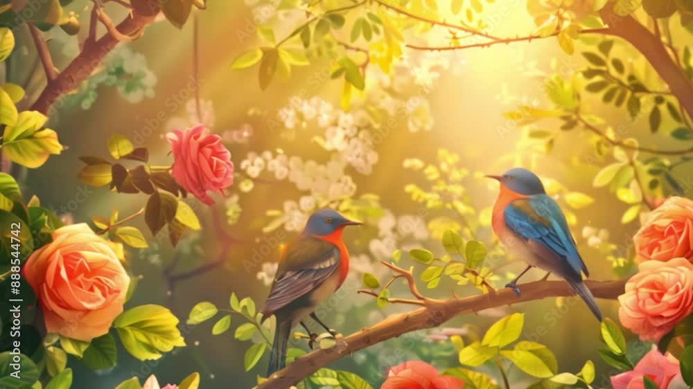 Two colorful birds perched on a branch in a garden full of blooming roses and green foliage, illuminated by soft sunlight. Two colorful birds perched on a branch in a garden full of blooming roses and green foliage, illuminated by soft sunlight.