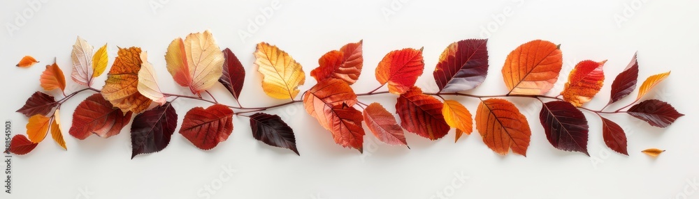 Vibrant autumn leaves arranged in a row on a white background, showcasing a range of colors from yellow to deep red, representing the beauty of fall. Vibrant autumn leaves arranged in a row on a white background, showcasing a range of colors from yellow to deep red, representing the beauty of fall.