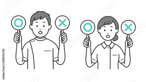⚪︎と×の札を上げる看護師男女上半身イラスト