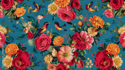 A vibrant tapestry of roses, daisies, and birds in a captivating seamless pattern, capturing the essence of nature's beauty and color.  