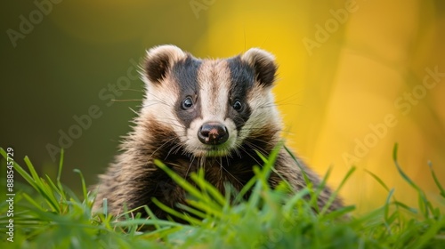 Photograph of a badger, Meles meles, a solitary mammal in the grass.