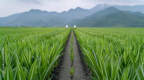 Dynamic image showcasing farmers using innovative agricultural methods amidst natural surroundings, blending technology with the beauty of nature. Height Resolution Photo, , Minimalism,