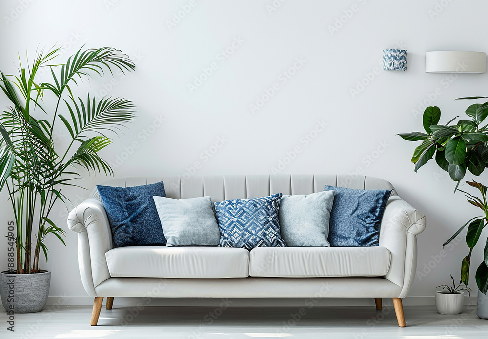 Decorative sofa furniture set in the room, grey stone wall, yellow niche and bookshelf, home decor. Decorative sofa furniture set in the room, grey stone wall, yellow niche and bookshelf, home decor.
