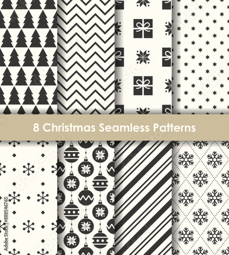 Set of Christmas seamless patterns in black and white. Including trees, snowflakes, gift boxes, ornaments, and basic geometric patterns. Perfect for gift wrapping, stationeries, backgrounds, and more.