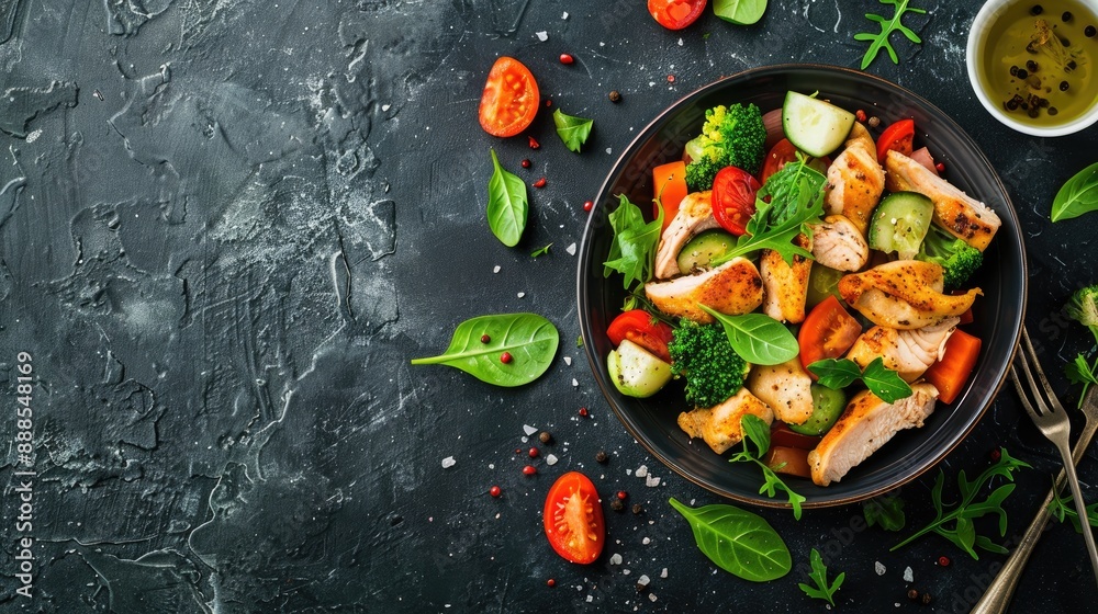 Healthy diet Baked chicken and vegetable salad with space for text Healthy diet Baked chicken and vegetable salad with space for text