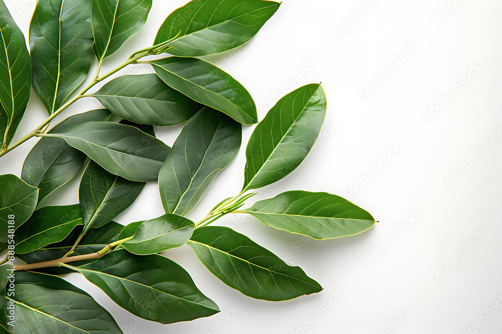Branch of laurel leaves on white background. Top view. Branch of laurel leaves on white background. Top view.