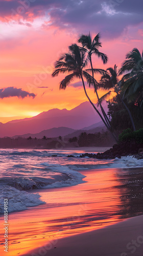 Majestic Sunset Over Serene Beach with Silhouetted Palm Trees and Distant Mountains