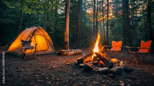 Beautiful bonfire with burning wood near chairs and camping tent in the forest. Campfire next to chairs and tent
