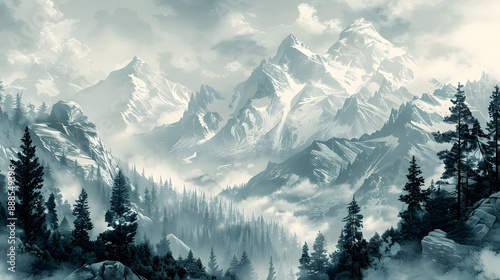 Engraved mountain range with detailed rock formations and trees, forming a majestic natural backdrop