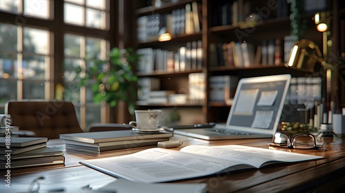 Wallpaper Mural Modern legal office featuring a desk filled with legal documents, a laptop, and reading glasses Torontodigital.ca