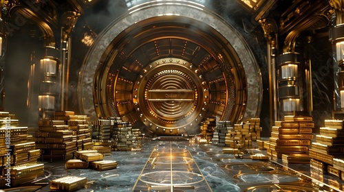 Bank vault background with a central golden safe, surrounded by money and gold bars.