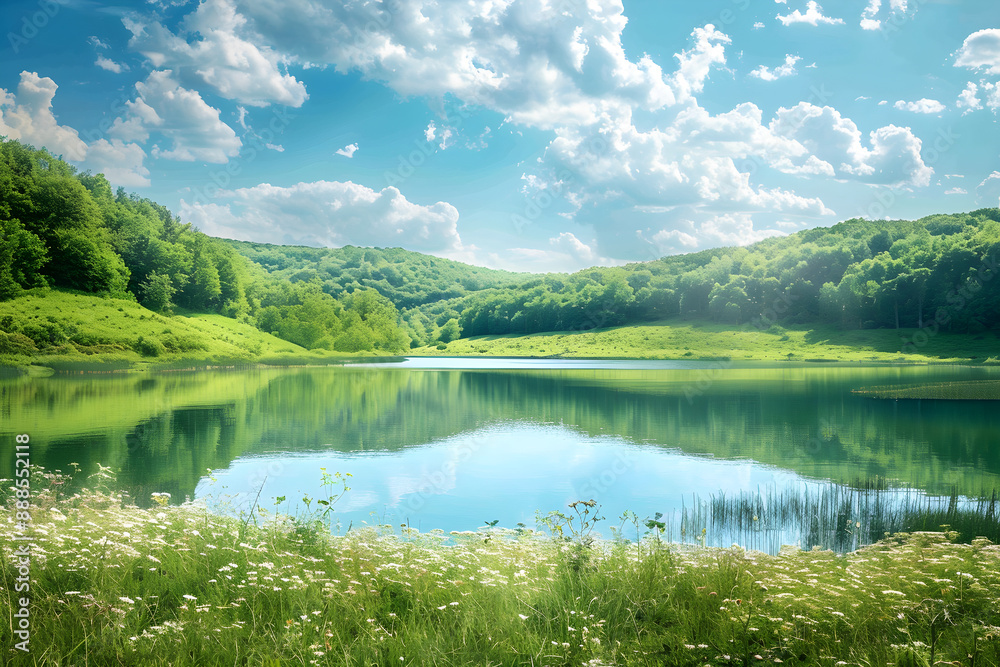 Tranquil Lake Surrounded by Forest with Wildflowers in Foreground and Rolling Hills Under a Clear Blue Sky with Fluffy Clouds Tranquil Lake Surrounded by Forest with Wildflowers in Foreground and Rolling Hills Under a Clear Blue Sky with Fluffy Clouds
