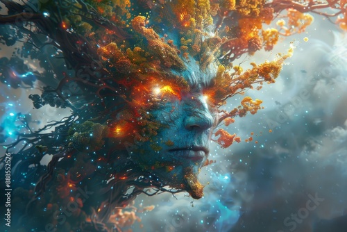 Abstract face blending with cosmic elements creating a surreal and imaginative visual