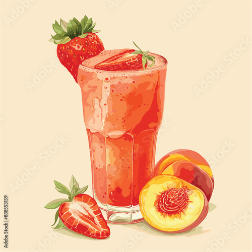 Delicious Strawberry Peach Smoothie Illustration, perfect for summer drinks, healthy food, and beverage concepts.