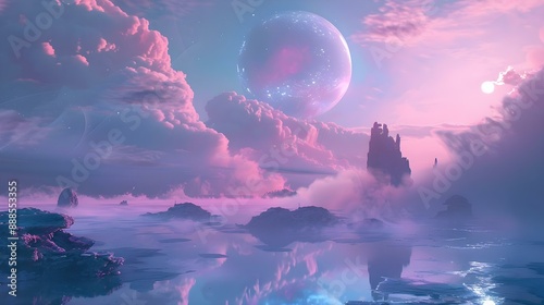 Alien planet landscape with bioluminescent flora and twin moon
