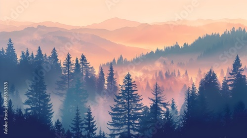 Misty landscape with fir forest in hipster vintage style