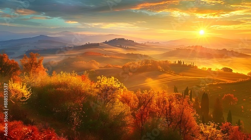 Fototapeta Naklejka Na Ścianę i Meble -  Beautiful autumn landscape in Tuscany, Italy at sunrise
