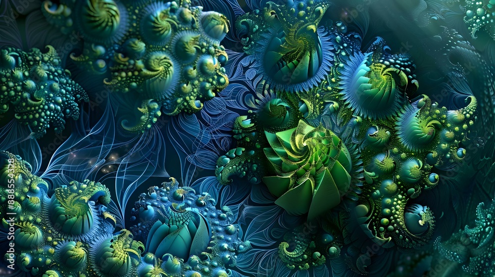 Intricate blue and green design with fractal patterns