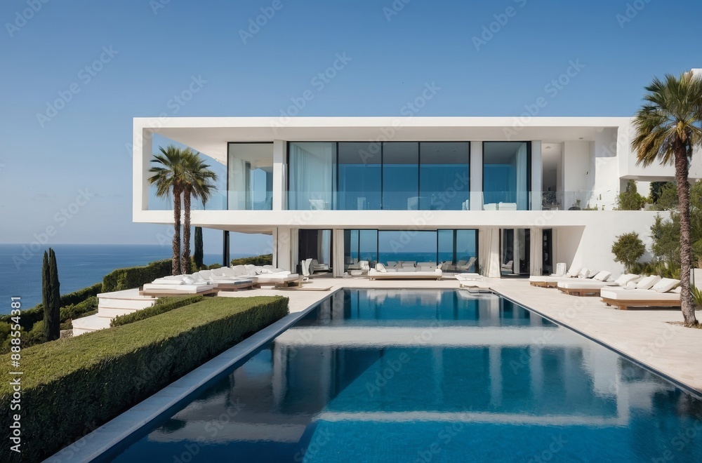 Fototapeta premium Pristine white modern villa with infinity pool and sea view