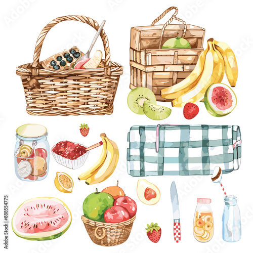 Watercolor illustration of a picnic basket with various food items, including fruits, a blanket, a knife, and a jar of jam. Perfect for designing cards, invitations, and other projects.