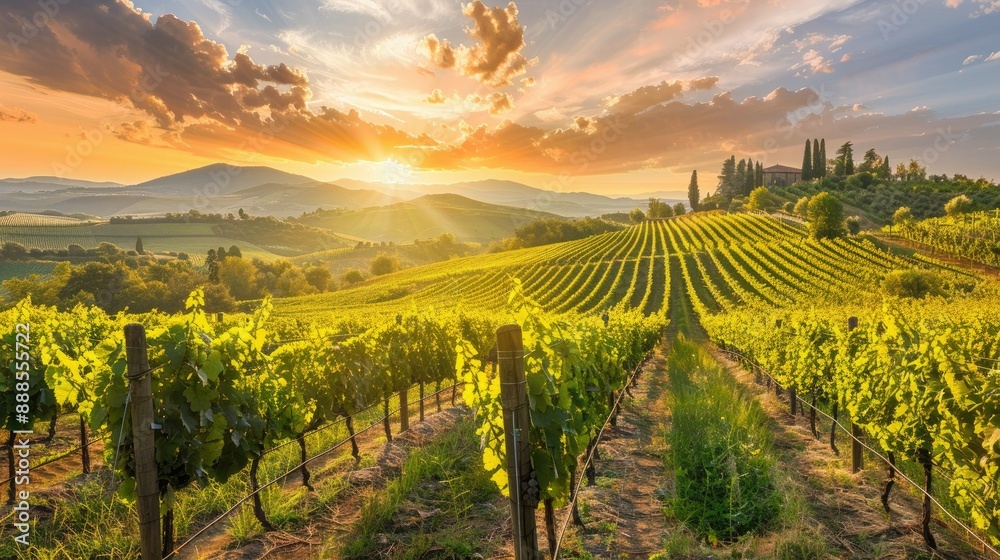Fototapeta premium Picturesque vineyard with rows of grapevines and a rustic winery at sunset AI generated