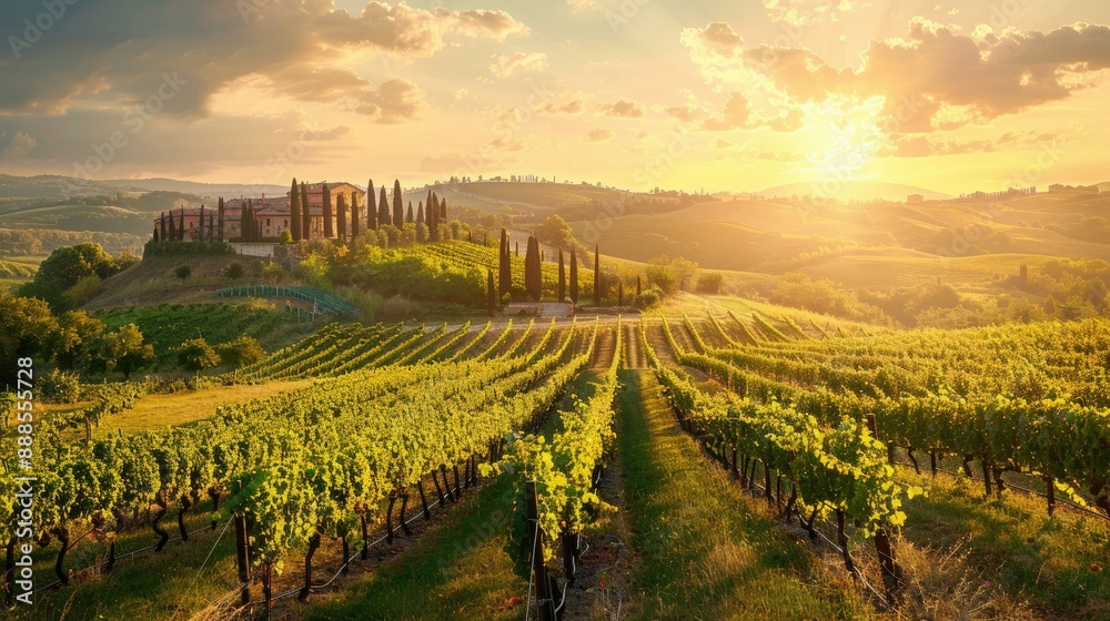 Picturesque vineyard with rows of grapevines and a rustic winery at sunset AI generated Picturesque vineyard with rows of grapevines and a rustic winery at sunset AI generated