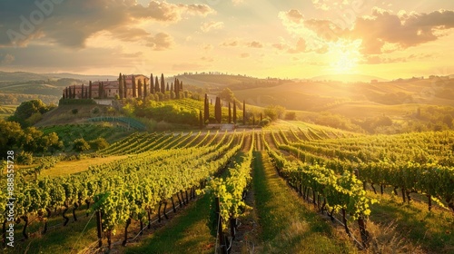 Wallpaper Mural Picturesque vineyard with rows of grapevines and a rustic winery at sunset AI generated Torontodigital.ca