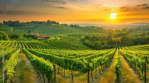 Wallpaper Mural Picturesque vineyard with rows of grapevines and a rustic winery at sunset AI generated Torontodigital.ca