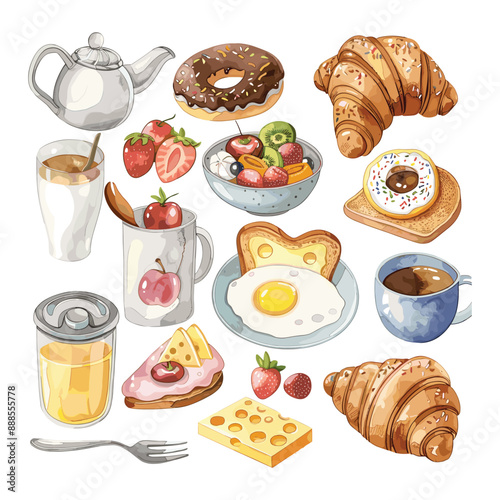 Hand drawn breakfast illustration set with coffee, tea, donuts, croissants, toast, eggs, fruit, cheese and juice. Perfect for menus, recipes, or social media.