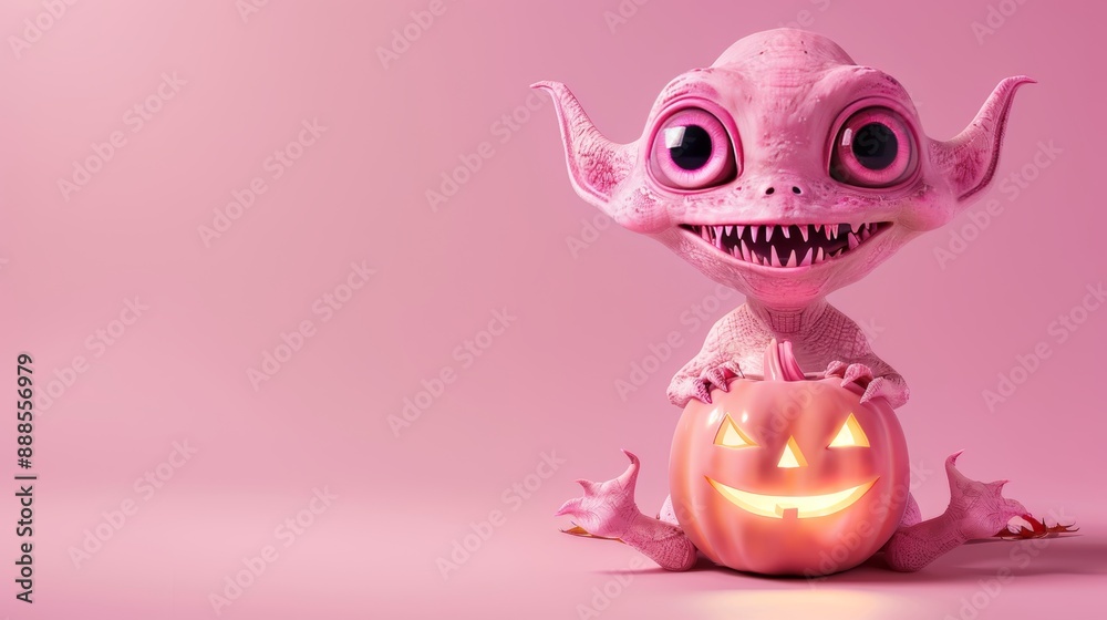 Pink Cute Monster Holding Glowing Halloween Pumpkin on Pink Background, 3D Illustration Pink Cute Monster Holding Glowing Halloween Pumpkin on Pink Background, 3D Illustration