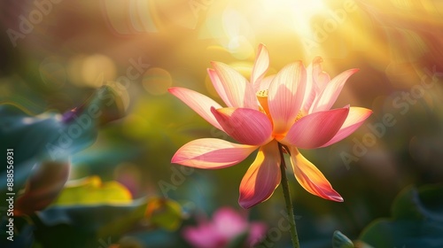 Vibrant lotus flower with sunlight highlighting its petals AI generated