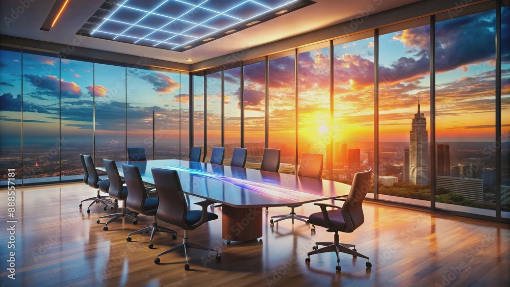 Ultra-modern conference room with futuristic augmented reality projections, expansive windows showcasing a breathtaking sunset against a sleek office backdrop. Ultra-modern conference room with futuristic augmented reality projections, expansive windows showcasing a breathtaking sunset against a sleek office backdrop.