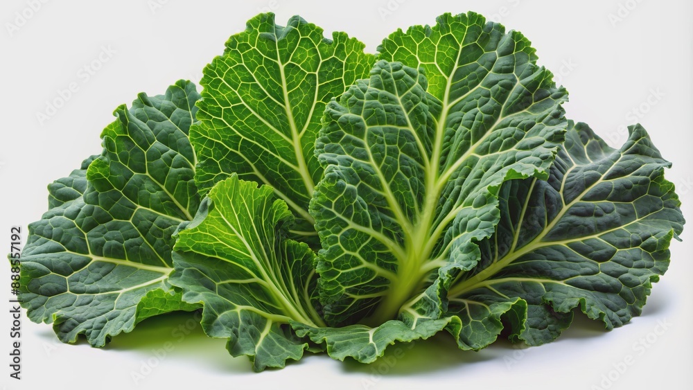 Fresh dark green leafy vegetable collard greens with slightly ruffled edges and vibrant veins isolated on a transparent background.