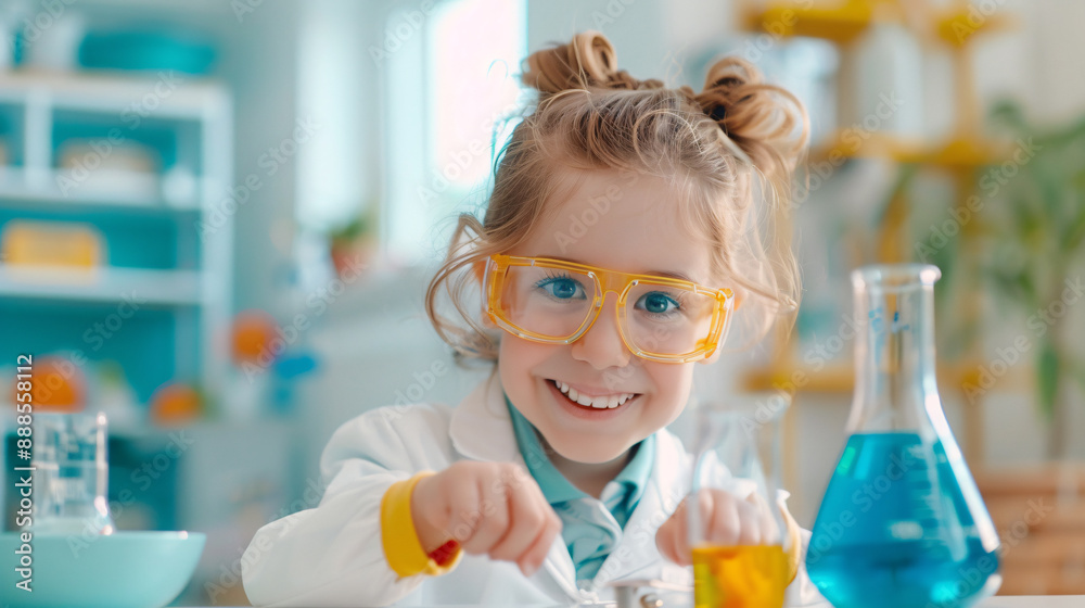A young girl wearing a lab coat and glasses is smiling as she looks at a beaker of blue liquid A young girl wearing a lab coat and glasses is smiling as she looks at a beaker of blue liquid