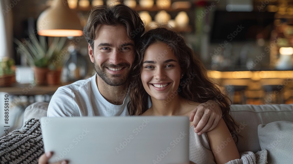 Planning a Vacation on the Couch: A young couple's journey to freedom sets off, sitting on the comfortable living room couch, free space Planning a Vacation on the Couch: A young couple's journey to freedom sets off, sitting on the comfortable living room couch, free space