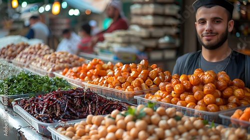 Traditional Ramadan marketplace vendors selling iftar items photo