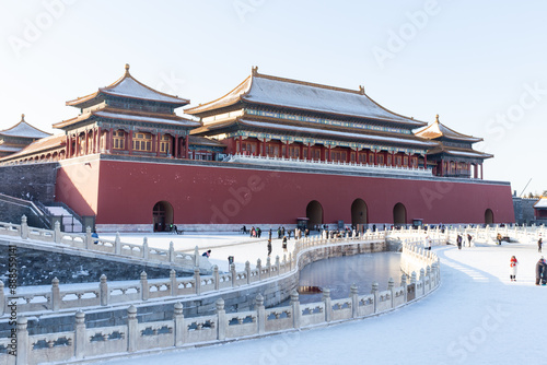 snow view of the Meridian Gate square of the Forbidden city