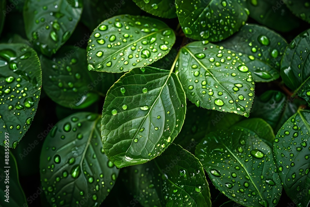 Fototapeta premium A photo that fills the screen with fresh green broadleaf tree leaves that are wet with rain or dew and forming water droplets.
