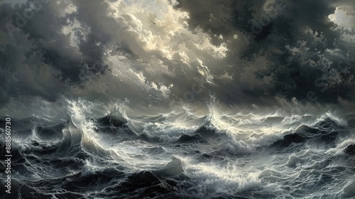 A dramatic seascape with stormy skies and rough seas