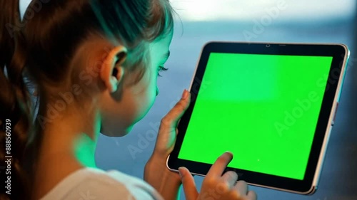 Adolescent brunette girl using her tablet from over her shoulder. Tablet screen is a chroma key green screen.